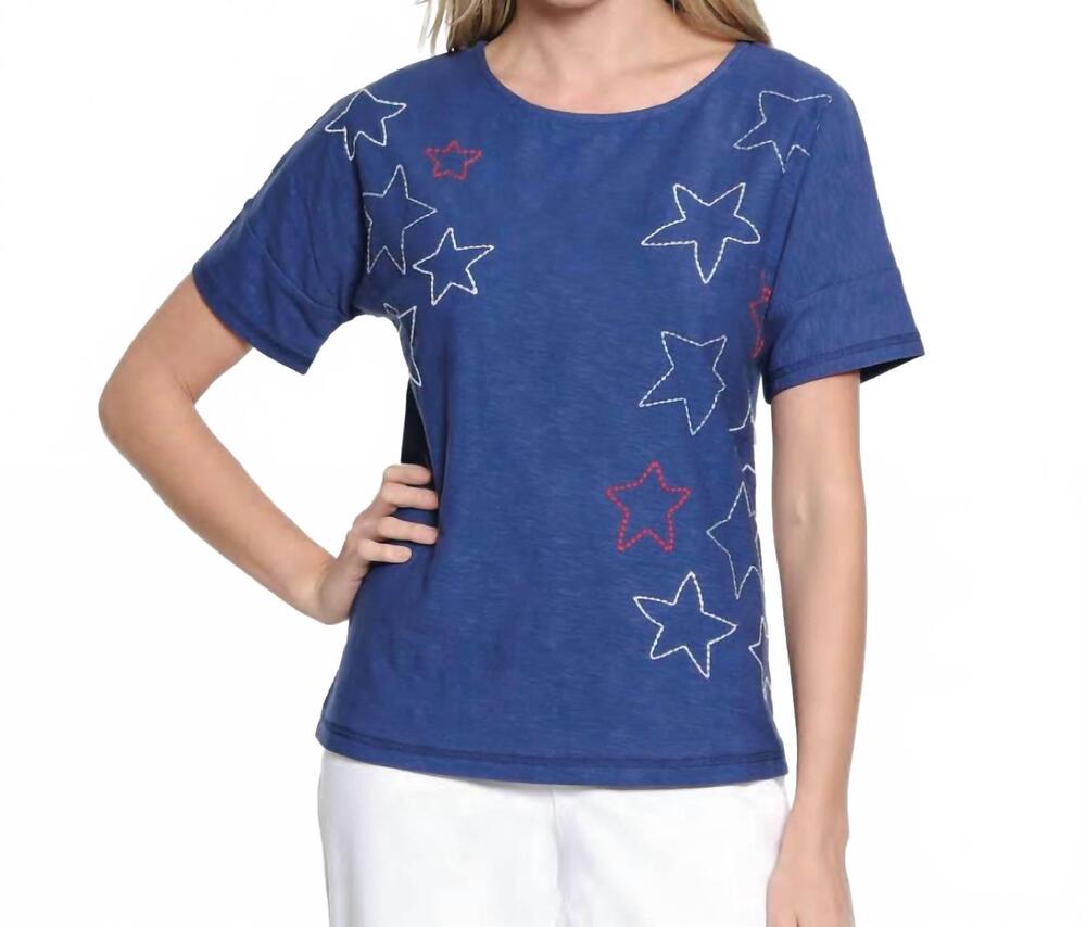 NEW TRU LUXE tossed star embroidered top in navy